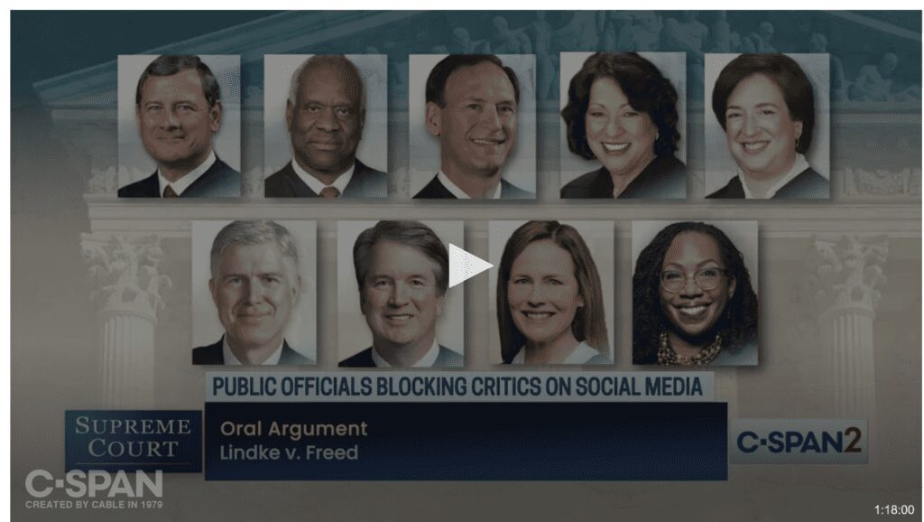 This is a screenshot taken from C-SPAN's website regarding the Lindke v. Freed oral argument. 
